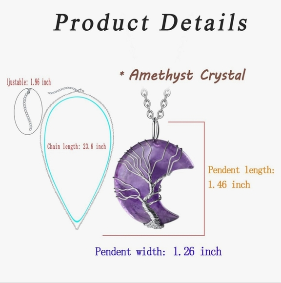 Wire Wrapped Tree Of Life Amethyst  Crescent Moon Pendant Necklace NWT - Picture 3 of 3
